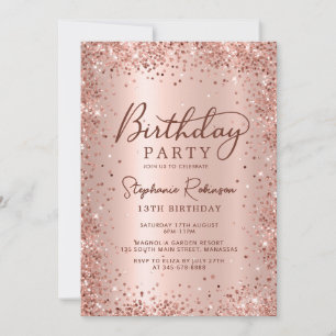 Elegant Rose Gold Metallic Glitter 13th Birthday Invitation