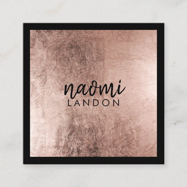 Elegant rose gold modern square minimalist black square business card (Front)