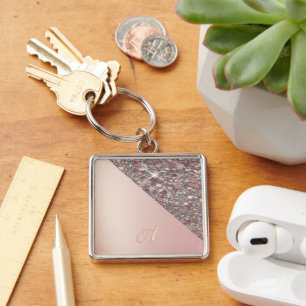 Elegant Rose Gold Monogram Button Key Ring