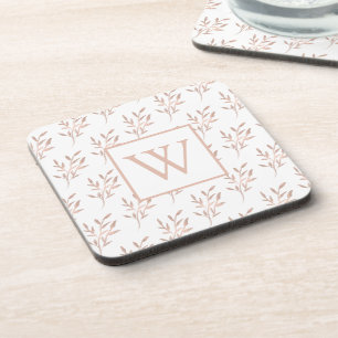 Elegant Rose Gold Monogram Foliage Coaster