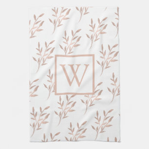 Elegant Rose Gold Monogram Foliage Tea Towel
