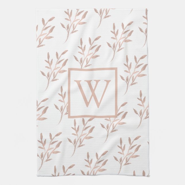 Elegant Rose Gold Monogram Foliage  Tea Towel (Vertical)