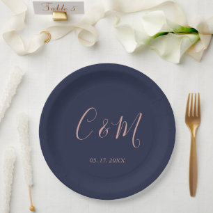 Elegant Rose Gold Monogram Navy Wedding Paper Plate