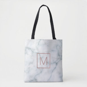 elegant rose gold monogram on white marble stone tote bag