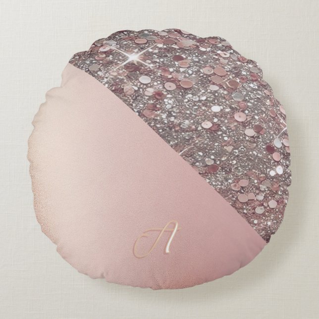 Elegant Rose Gold Monogram Round Cushion (Front)