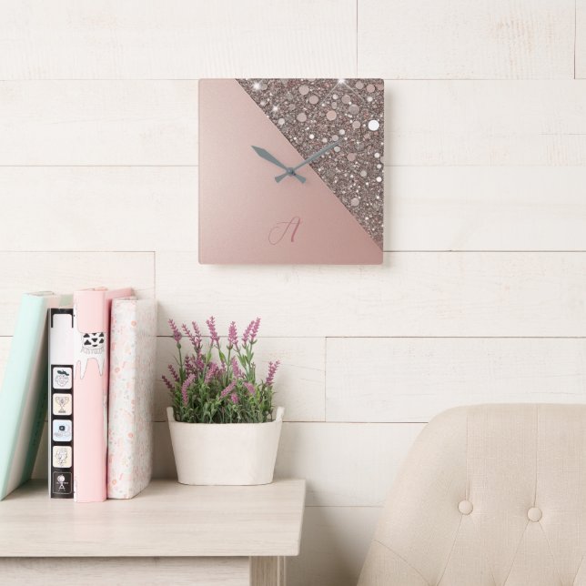 Elegant Rose Gold Monogram Square Wall Clock (Reading Room)