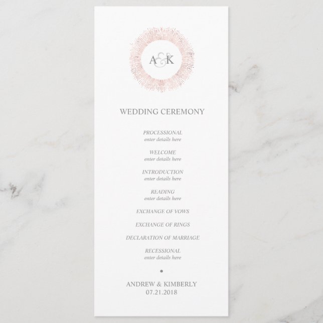 Elegant rose gold monogram wedding program programme (Front)