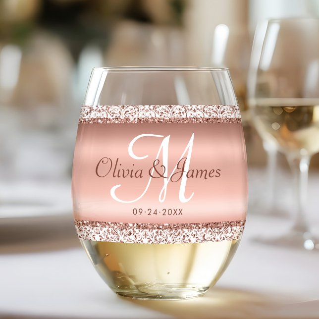 Elegant Rose Gold Monogram Wedding Stemless Wine Glass (Creator Uploaded)