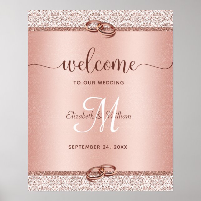 Elegant Rose Gold Monogram Wedding Welcome Poster (Front)