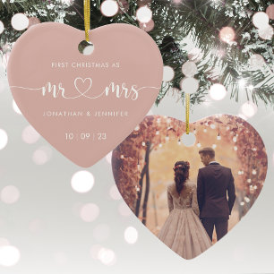 Elegant Rose Gold Mr and Mrs Wedding Photo Ceramic Tree Decoration