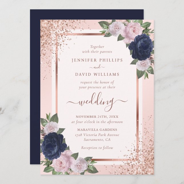 Elegant Rose Gold Navy Blue Blush Floral Wedding Invitation (Front/Back)