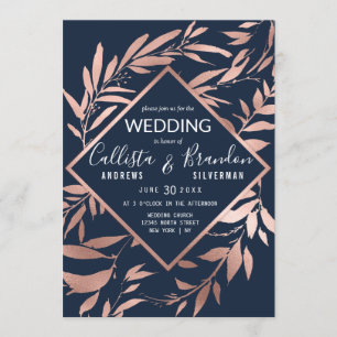 Elegant Rose Gold Navy Blue Floral Leaves Wedding Invitation