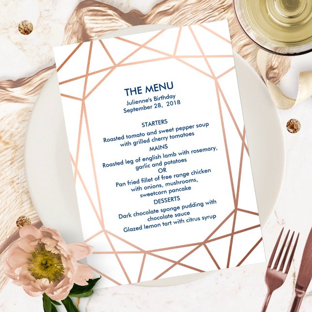 Elegant Rose Gold & Navy Blue Geometric Menu Invitation (Creator Uploaded)
