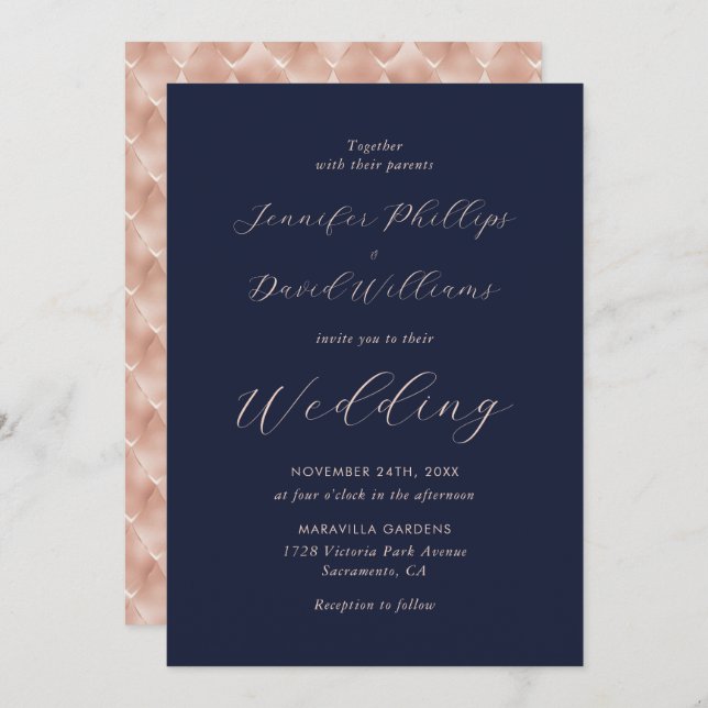Elegant Rose Gold Navy Blue Modern Script Wedding Invitation (Front/Back)