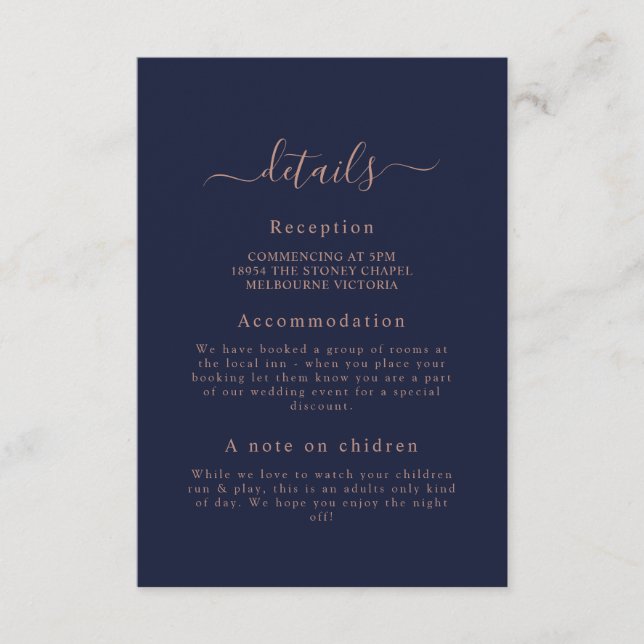 Elegant Rose Gold Navy Blue Wedding Detail Card (Front)