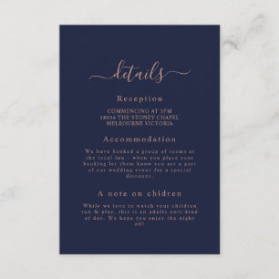 Elegant Rose Gold Navy Blue Wedding Detail Card