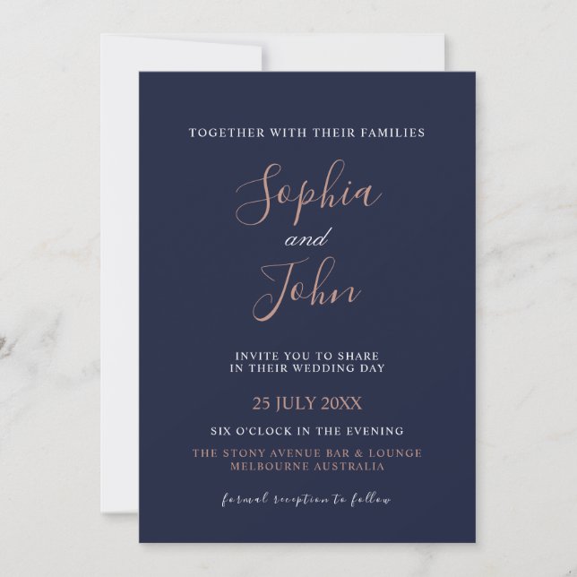 Elegant Rose Gold Navy Blue Wedding Invitation (Front)