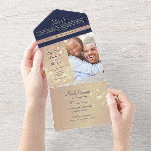 Elegant Rose Gold Navy Floral All-in-One Invite