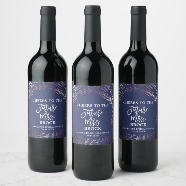 Elegant Rose Gold & Navy Future Mrs Bridal Shower Wine Label (Bottles)