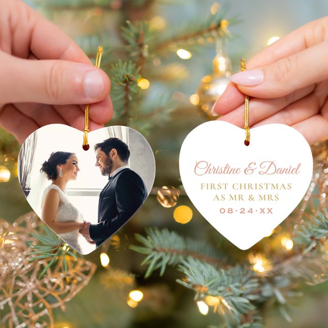 Elegant Rose Gold Newlyweds Wedding Photo Ornament (Creator Uploaded)