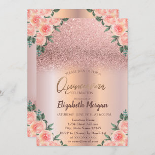 Elegant Rose Gold Ombre Floral Quinceañera Invitation