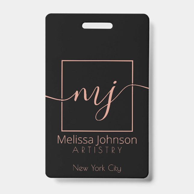 Elegant Rose Gold on Black ID Badge (Front)