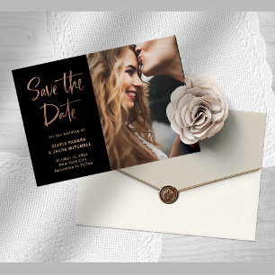 Elegant Rose Gold on Black Photo Save the Date Announcement Postcard