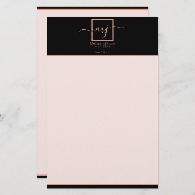 Elegant Rose Gold on Black  Stationery (Front/Back)