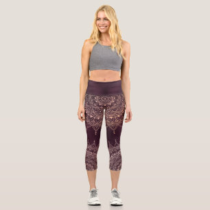 Elegant Rose Gold on Burgundy Floral Henna Mandala Capri Leggings