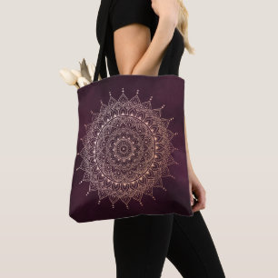 Elegant Rose Gold on Burgundy Floral Henna Mandala Tote Bag
