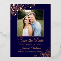 Elegant Rose Gold on Navy Photo Save the Date