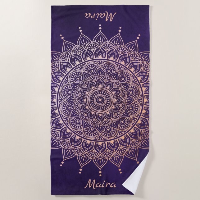 Elegant Rose Gold on Purple Floral Henna Mandala Beach Towel (Front)