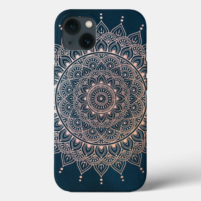 Elegant Rose Gold on Teal Floral Henna Mandala Case-Mate iPhone Case (Back)