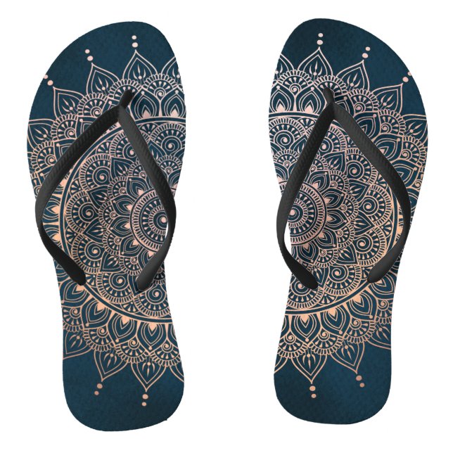 Elegant Rose Gold on Teal Floral Henna Mandala Jandals (Footbed)