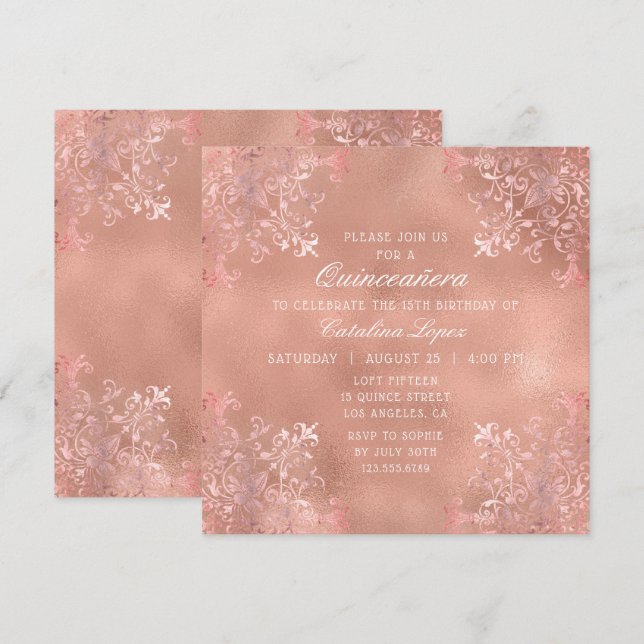 Elegant Rose Gold Ornate Floral Quinceañera Invitation (Front/Back)