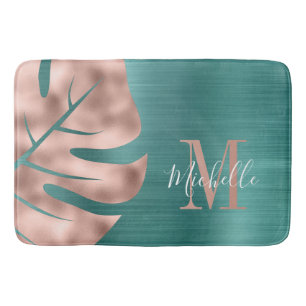 Elegant Rose Gold Palm Green Leaf Monogram Bath Mat