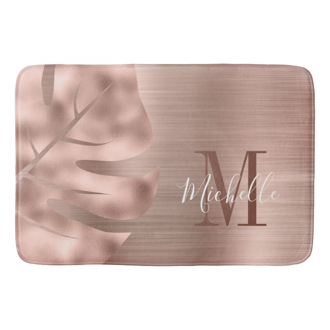 Elegant Rose Gold Palm Leaf Monogram Bath Mat (Front)