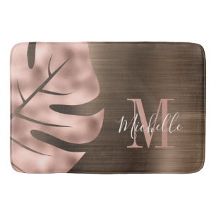 Elegant Rose Gold Palm Leaf Monogram Bath Mat