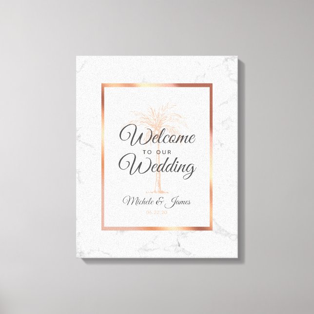 Elegant Rose Gold Palm Tree Marble Wedding Welcome Canvas Print (Front)