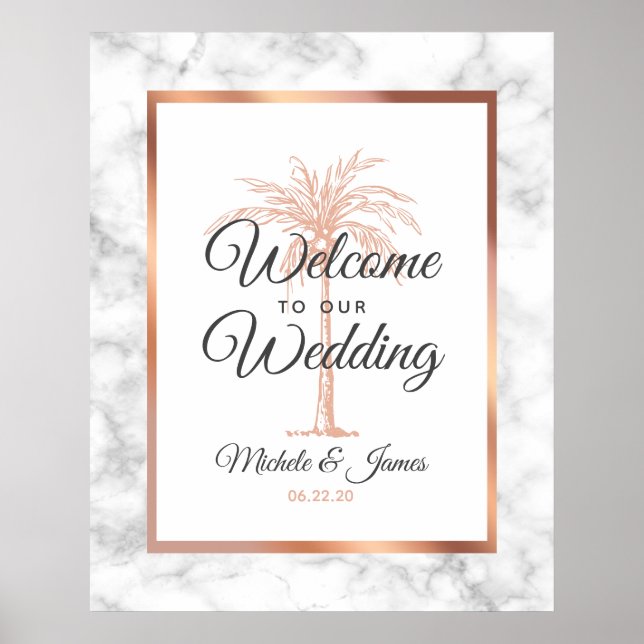 Elegant Rose Gold Palm Tree Marble Wedding Welcome Poster (Front)