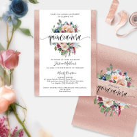 Elegant Rose Gold Pastel Floral Quinceañera Invit