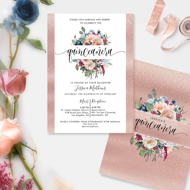 Elegant Rose Gold Pastel Floral  Quinceañera Invit Invitation (Creator Uploaded)