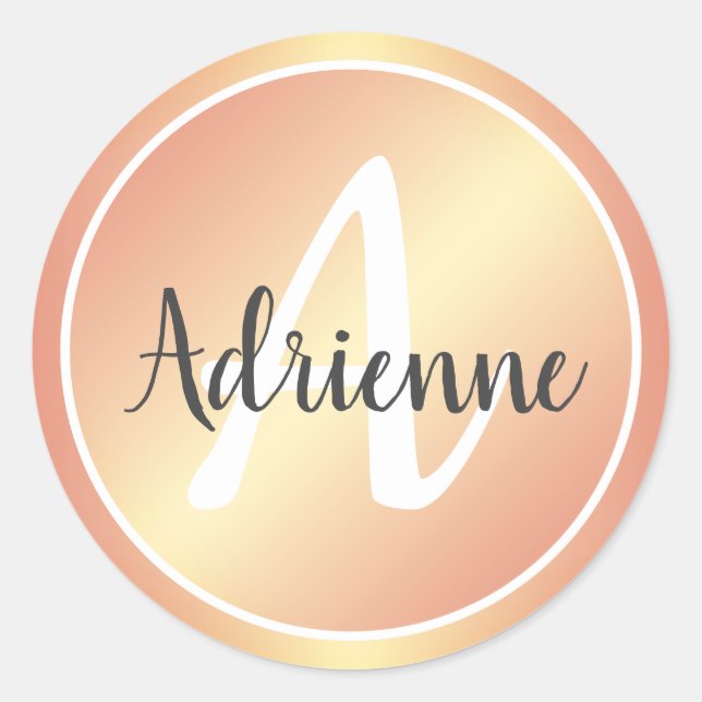 Elegant Rosé Gold Pastel Pink Yellow Monogram Name Classic Round Sticker (Front)