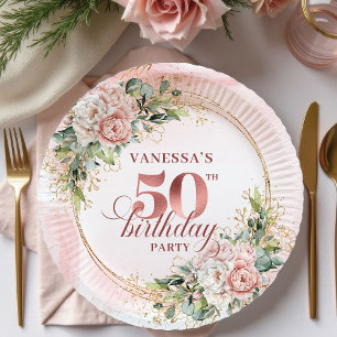 Elegant Rose Gold Peonies 50th Birthday Party Plat Paper Plate