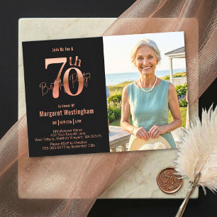 Elegant Rose Gold Photo 70th Birthday Invitation