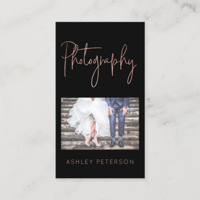 Elegant rose gold photography minimal typography business card (Front)