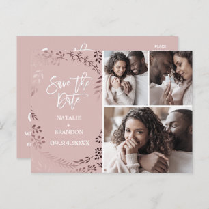 Elegant Rose Gold Pink 3 Photo Save the Date Announcement Postcard