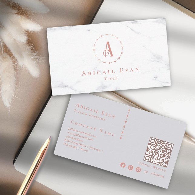 Elegant Rose Gold Pink and Grey Monogram Business Card (Creator Uploaded)