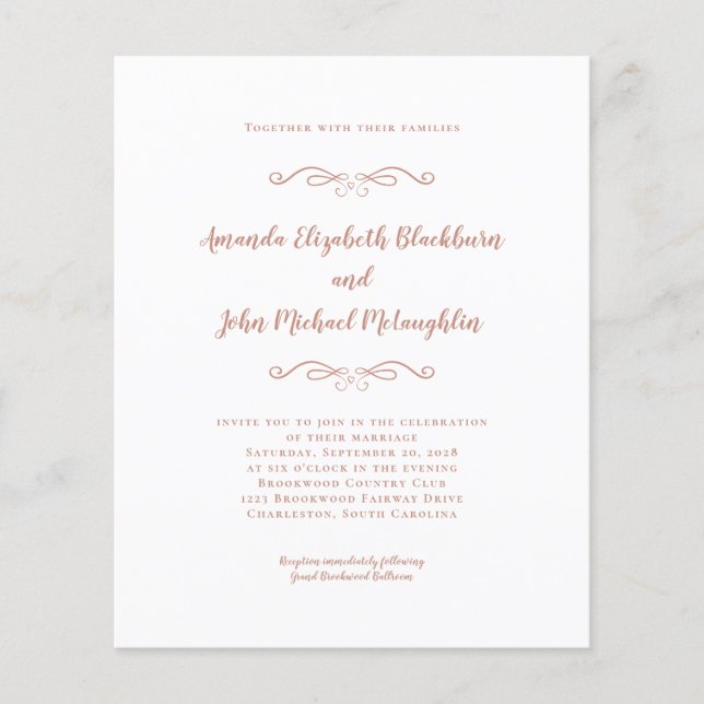 Elegant Rose Gold Pink Budget Wedding Invitation (Front)