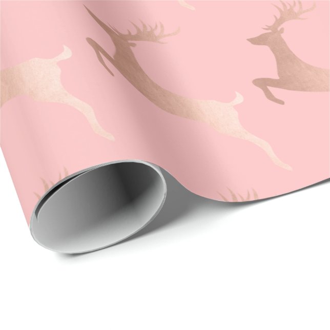 Elegant Rose Gold Pink Christmas Reindeer Pattern Wrapping Paper (Roll Corner)